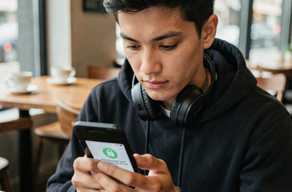 Jeune adulte découvrant une demande de rançon ransomware sur son smartphone dans un café