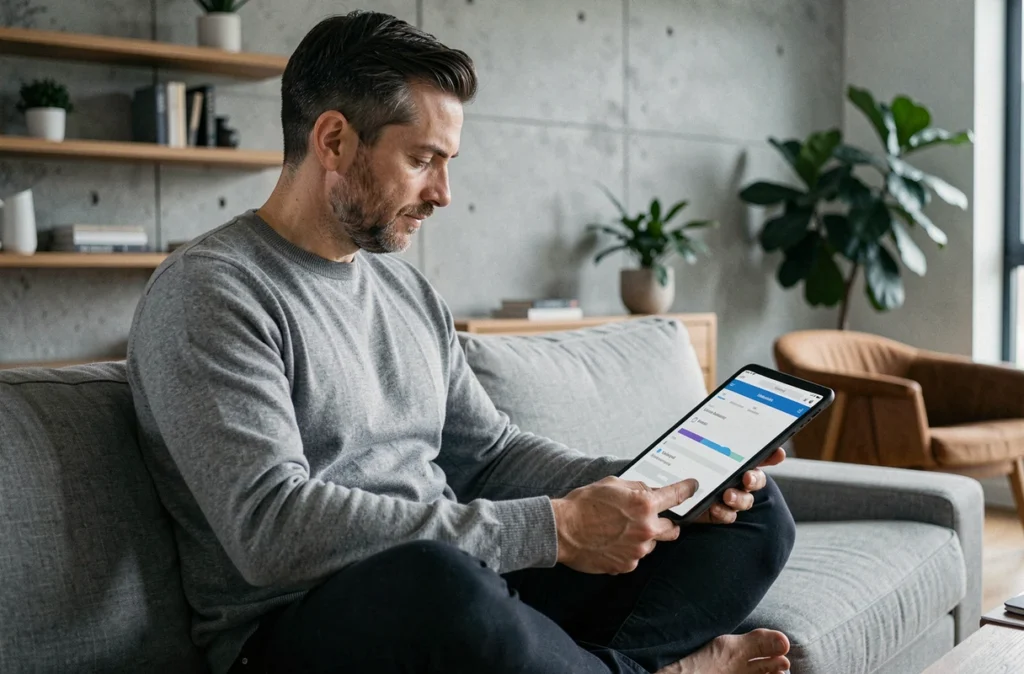 Homme utilisant une tablette pour surveiller une sauvegarde de données dans le cloud depuis son salon
