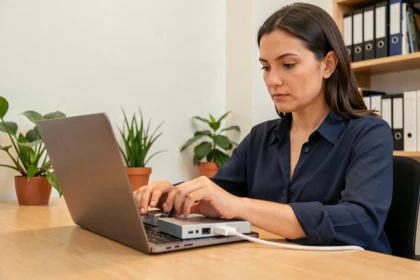 Femme connectant un disque dur externe à un ordinateur portable pour effectuer une sauvegarde de données au bureau