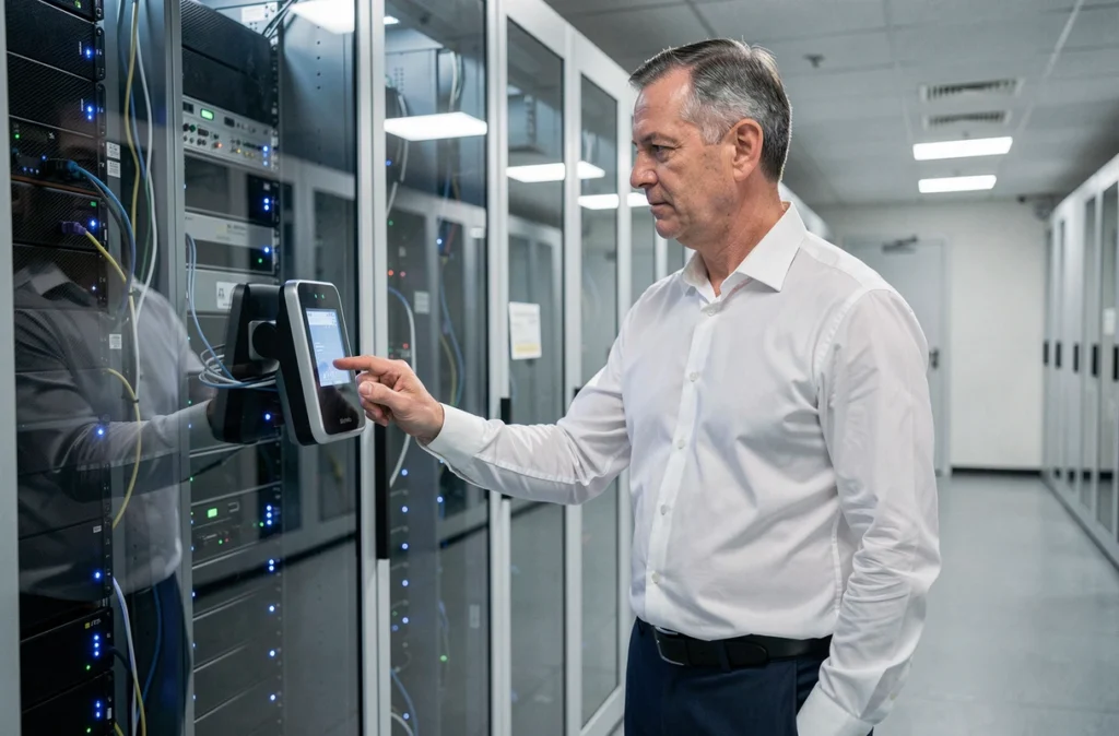 Technicien IT utilisant un scanner biométrique pour accéder à une salle de serveurs sécurisée
