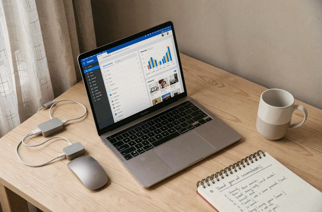 Bureau de télétravail minimaliste avec un ultrabook, un hub USB-C, une souris sans fil et un carnet de notes sur un bureau en chêne