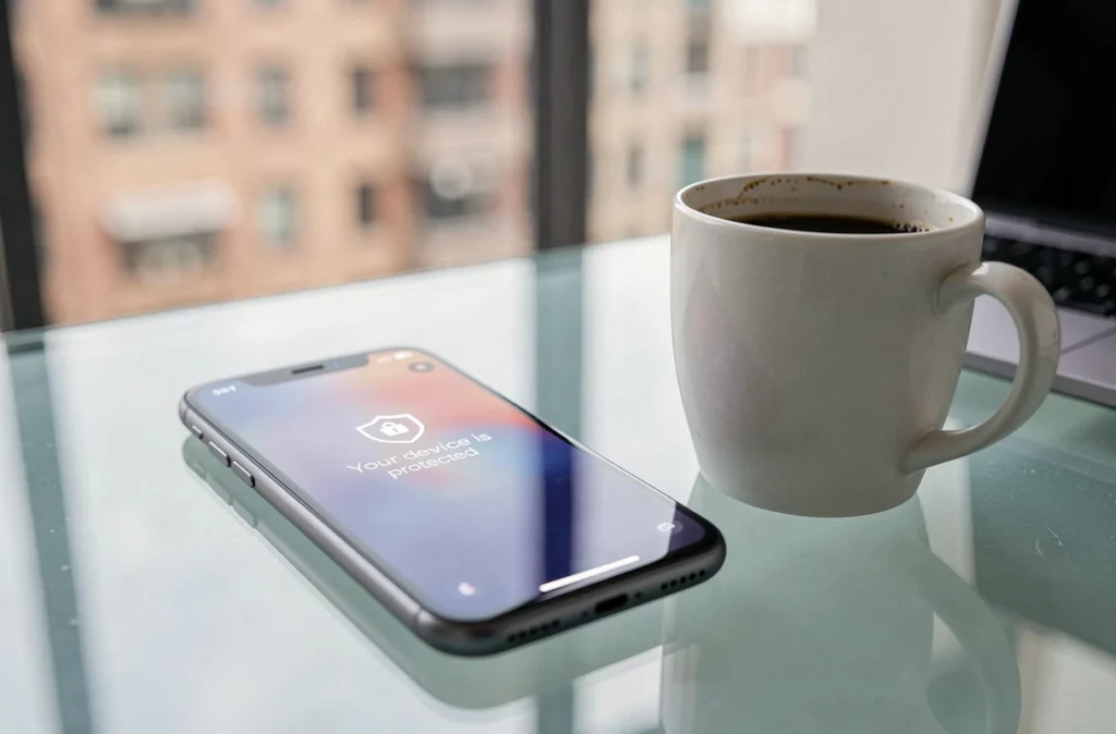 Gros plan d'un smartphone affichant une notification de mise à jour de sécurité réussie posé sur un bureau en verre avec une tasse de café dans un espace de travail urbain
