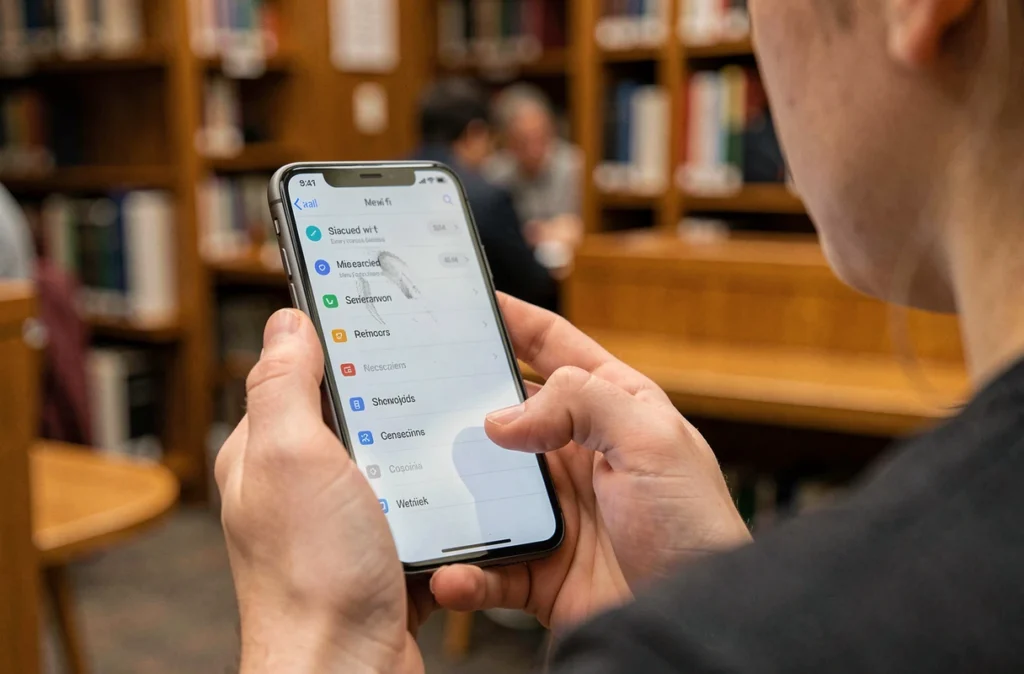 Gros plan sur un smartphone affichant une liste de réseaux wi-fi non sécurisés dans une bibliothèque publique, symbolisant les risques d'interception et de piratage