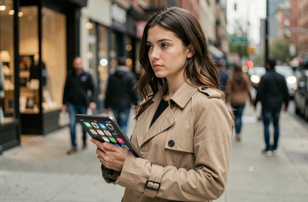 Jeune femme utilisant une tablette en ville pour consulter des stories anonymes et préserver sa vie privée
