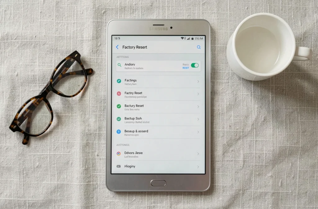 Vue de dessus d'une tablette Samsung ouverte sur le menu de réinitialisation d'usine, posée sur un tissu gris avec des lunettes et un café