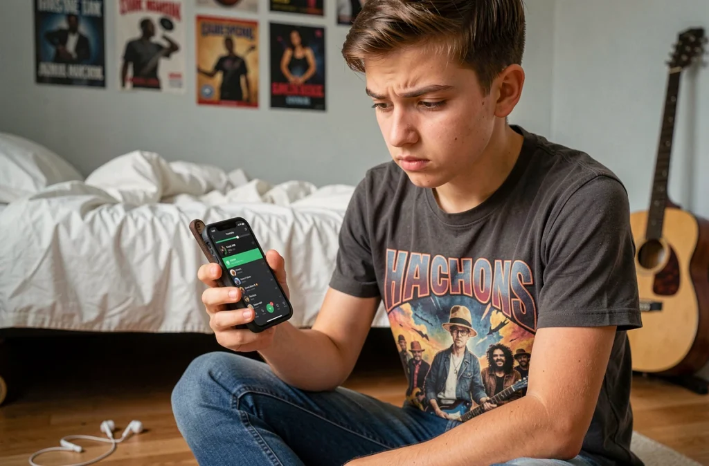 Adolescent téléchargeant une playlist musicale YouTube sur smartphone dans sa chambre