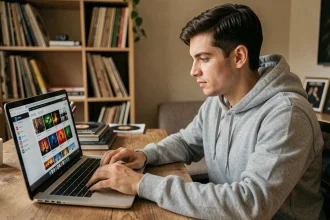 Jeune homme téléchargeant une playlist YouTube sur son ordinateur portable dans un bureau à domicile
