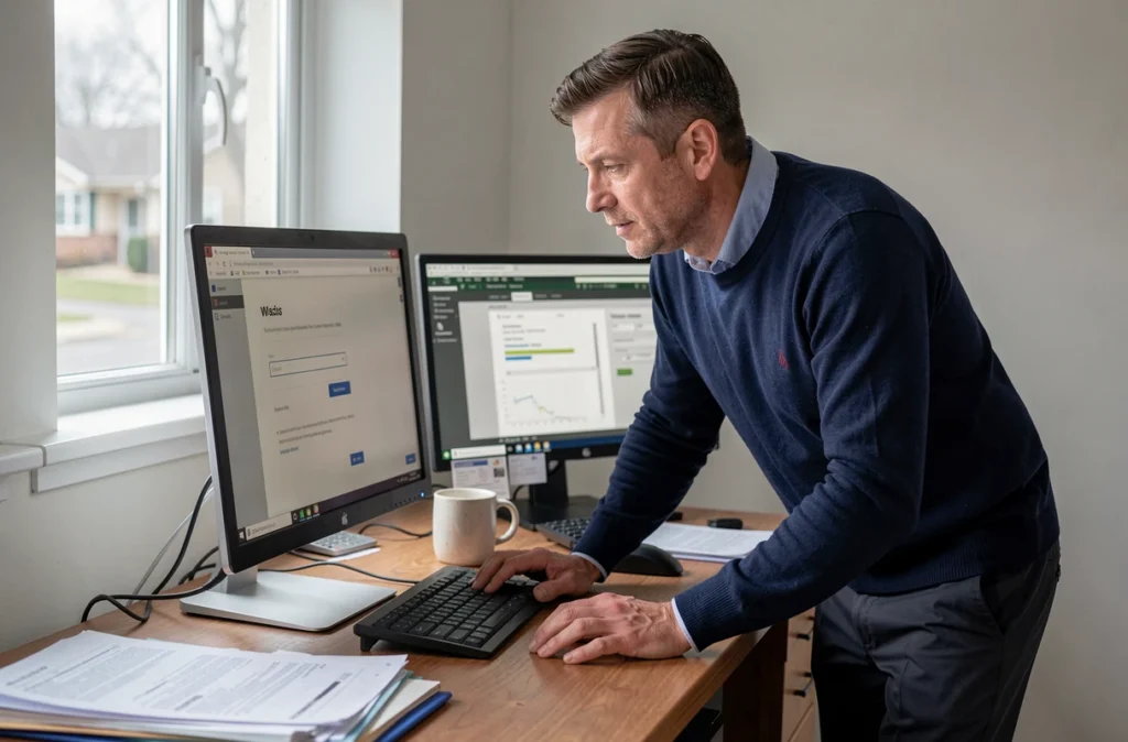 Homme en télétravail accédant à une messagerie sécurisée sur ordinateur de bureau depuis son domicile