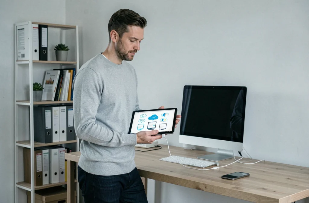Homme en télétravail synchronisant des fichiers professionnels sur plusieurs appareils connectés au cloud depuis un bureau à domicile