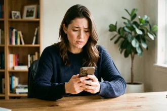 Femme inquiète consultant son smartphone pour protéger sa vie privée sur les réseaux sociaux