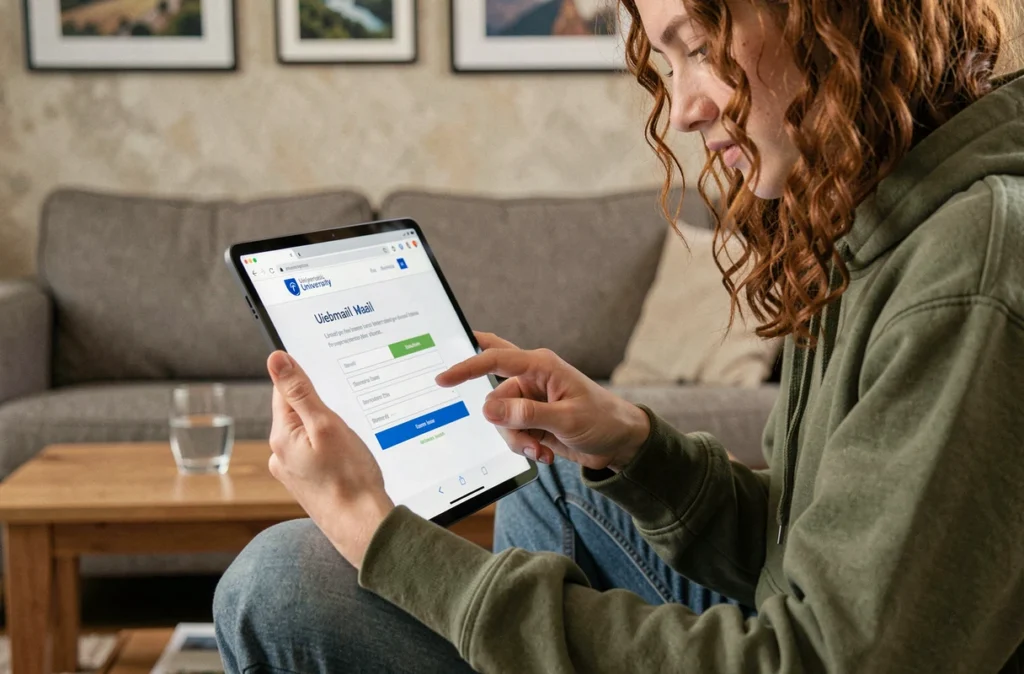 Jeune utilisateur accédant au webmail ac-rennes depuis une tablette dans un salon