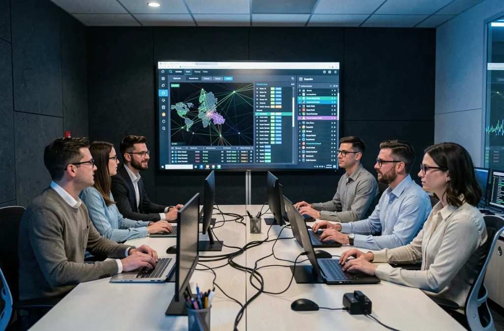 Équipe de cybersécurité Advens analysant des menaces en temps réel dans un centre opérationnel de sécurité avec tableau de bord de surveillance réseau