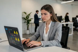 Jeune femme analyste en cybersécurité devant un écran affichant des alertes de logiciels malveillants dans un bureau moderne