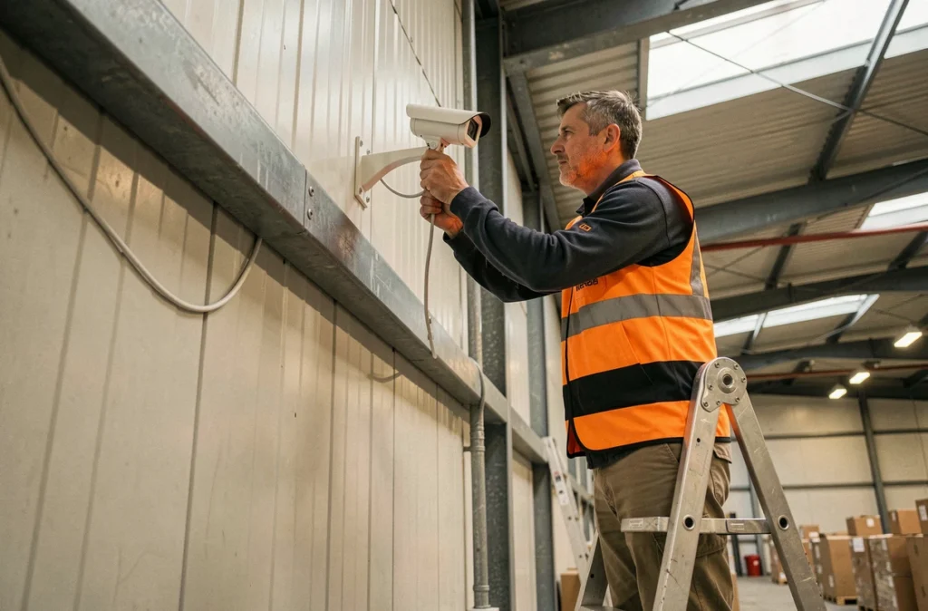 Technicien ANAVEO installant une caméra IP en hauteur à l'entrée d'un entrepôt logistique en France