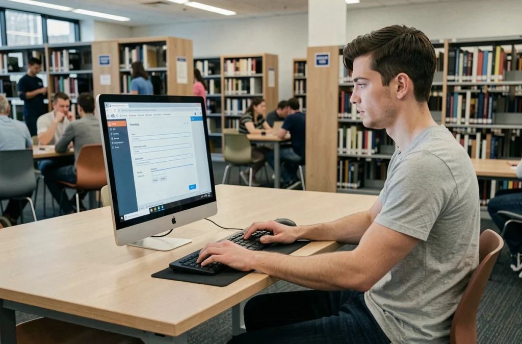 Étudiant en bibliothèque universitaire paramétrant le transfert automatique d'emails depuis le webmail INSA Rouen