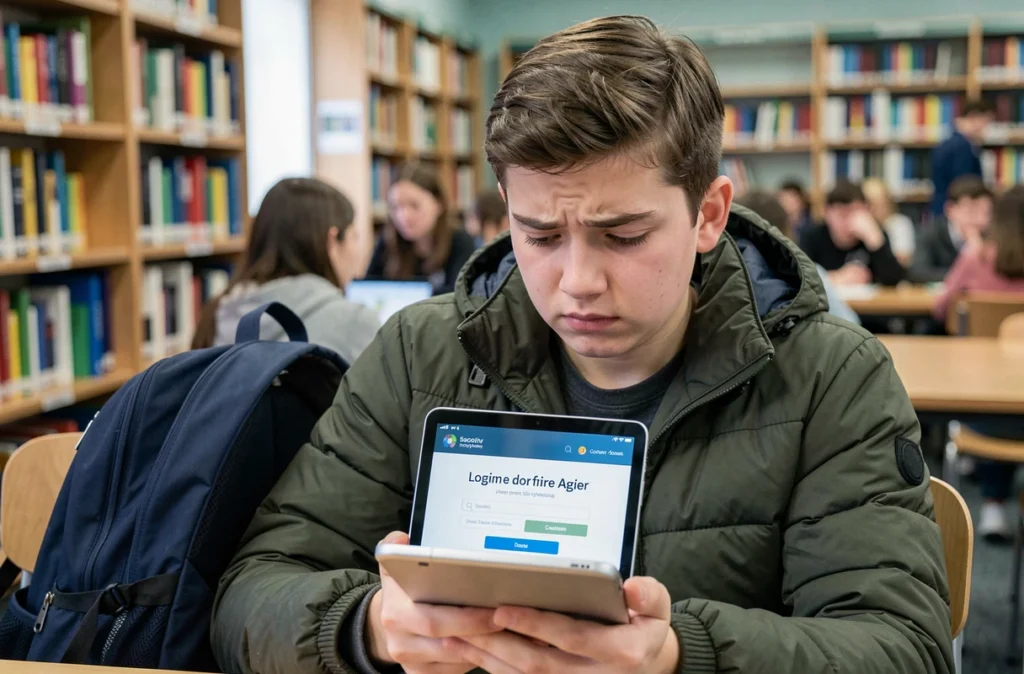 Étudiant adolescent bloqué sur une page d'erreur de connexion ENT avec sa tablette en bibliothèque scolaire