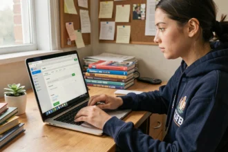 Étudiante configurant le transfert de son webmail INSA Rouen vers une adresse personnelle sur un ordinateur portable