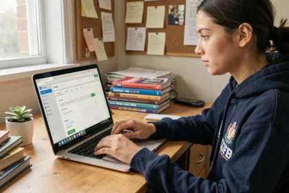Étudiante configurant le transfert de son webmail INSA Rouen vers une adresse personnelle sur un ordinateur portable