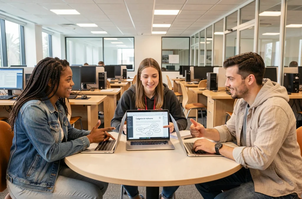 Groupe d'étudiants universitaires étudiant les catégories de logiciels malveillants sur ordinateurs portables en salle informatique