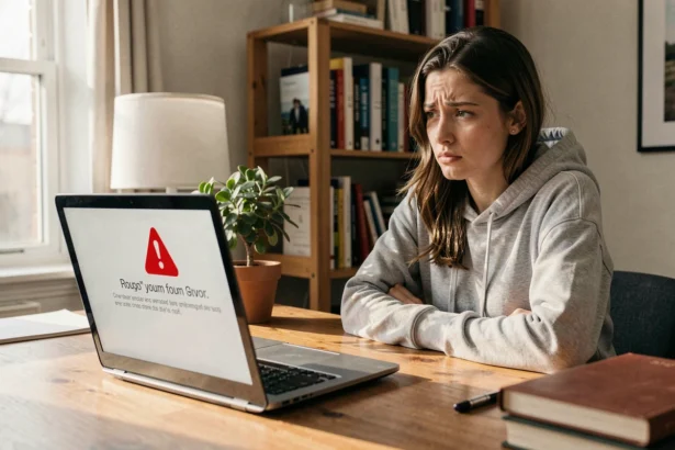 Femme frustrée devant un message d'erreur d'accès ENT sur son ordinateur portable à domicile