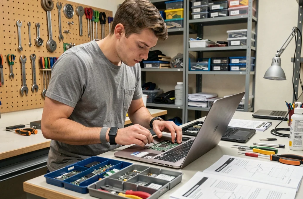 Technicien de Geekwise réparant un ordinateur portable sur un établi équipé d'outils de précision dans un atelier informatique local