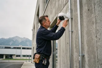 Technicien professionnel installant une caméra de vidéosurveillance sur la façade d'un bâtiment commercial en Auvergne-Rhône-Alpes