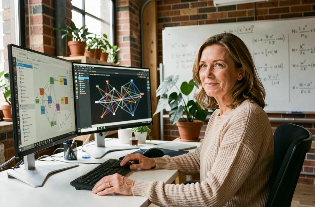 Data scientist du Bosquel AI Factory travaillant sur des modèles d'intelligence artificielle avec visualisations de réseaux neuronaux et pipelines de données