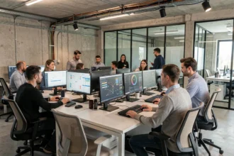 Vue panoramique d'un open-space informatique moderne dans la Somme, avec des professionnels IT collaborant autour de postes de travail et d'écrans de supervision réseau