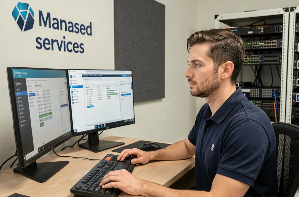 Technicien informatique de NowTeam concentré sur un poste de support à distance avec double écran affichant un logiciel de ticketing
