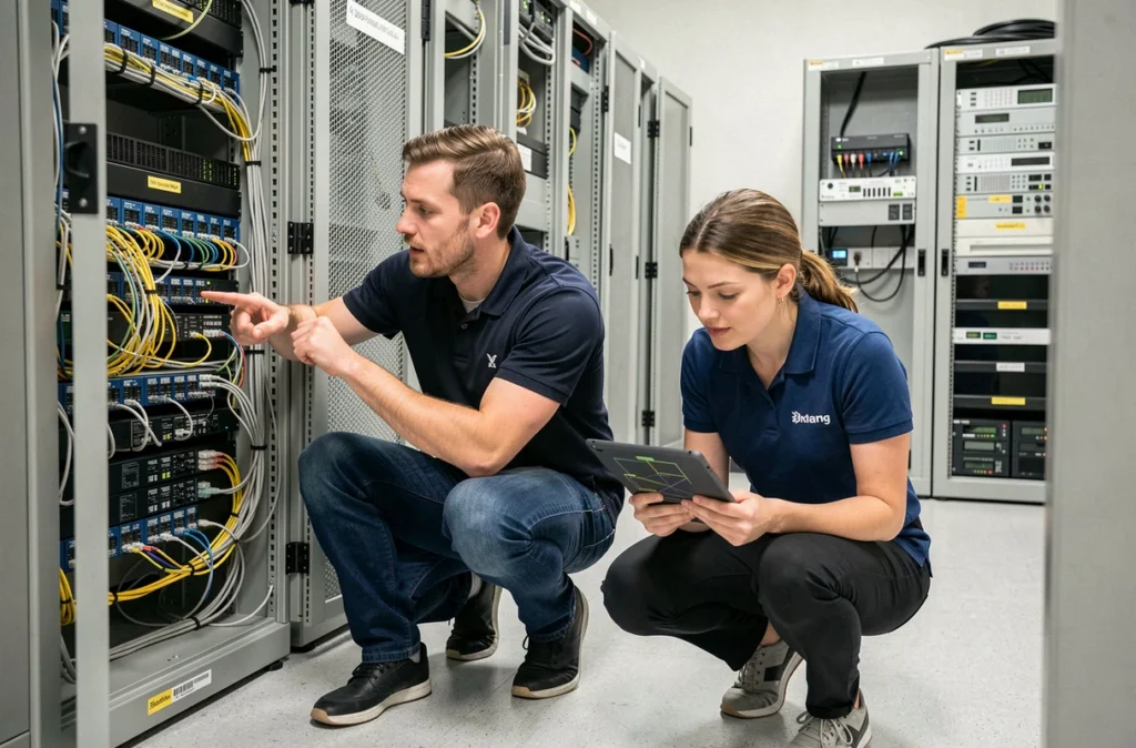 Deux ingénieurs réseau de NXO France inspectant des connexions fibre optique dans une salle de brassage télécom avec baie réseau ouverte