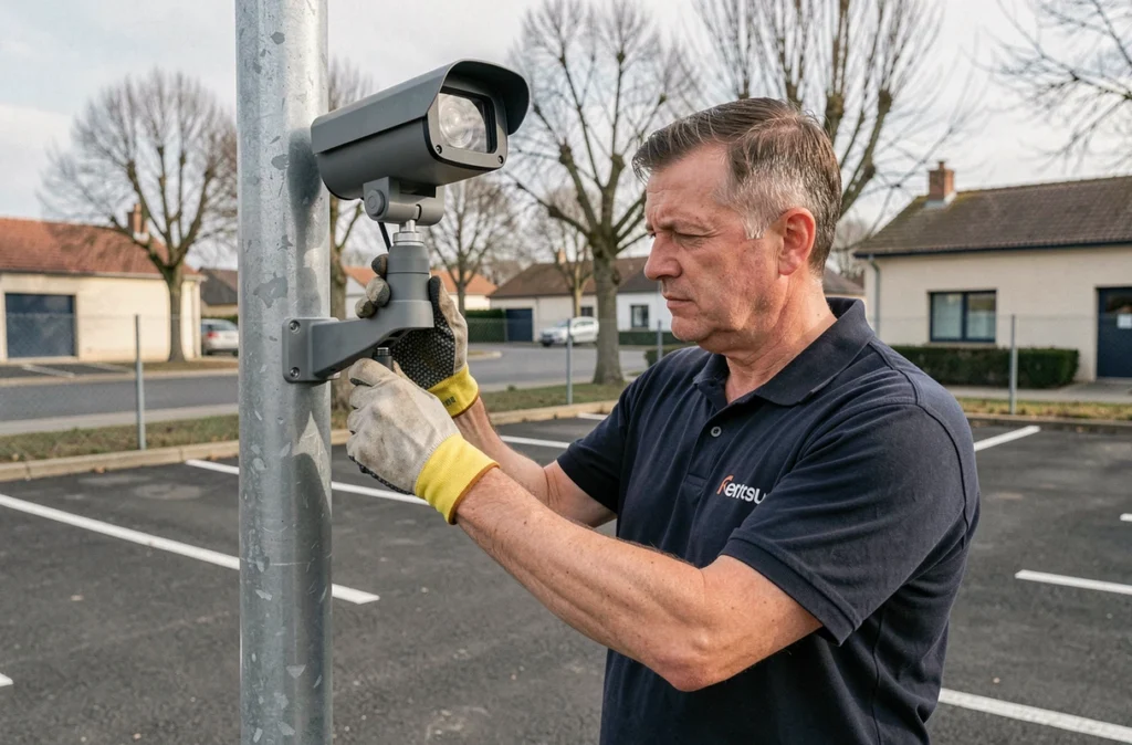Technicien de Passot Automatisme Protection installant une caméra PTZ dans un parking péri-urbain en France