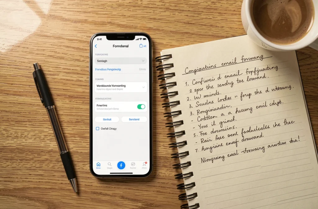 Smartphone affichant les paramètres de transfert d'email avec un carnet de notes manuscrites sur la configuration du webmail INSA Rouen