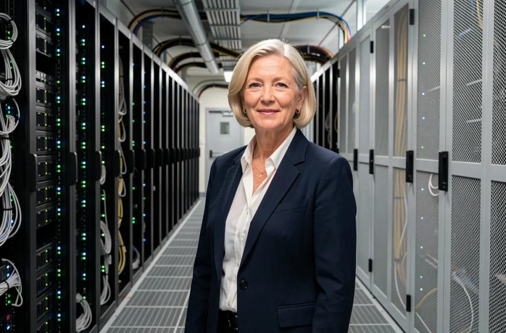 Ingénieure infrastructure de Sopra Steria Infrastructure & Security Services dans un datacenter d'entreprise avec rangées de serveurs et câblage organisé
