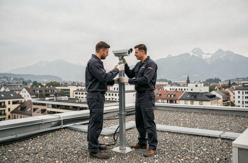 Deux techniciens de Sotel Groupe installant une caméra extérieure sur le toit d'un immeuble de bureaux à Grenoble