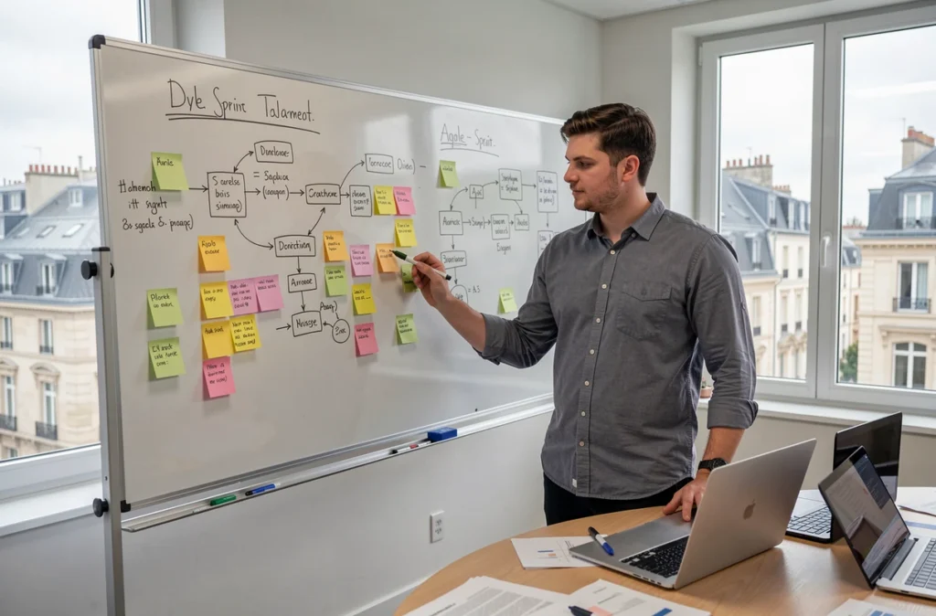 Chef de projet IT de SYS Project devant un tableau blanc de planification agile avec post-its et diagrammes de flux techniques
