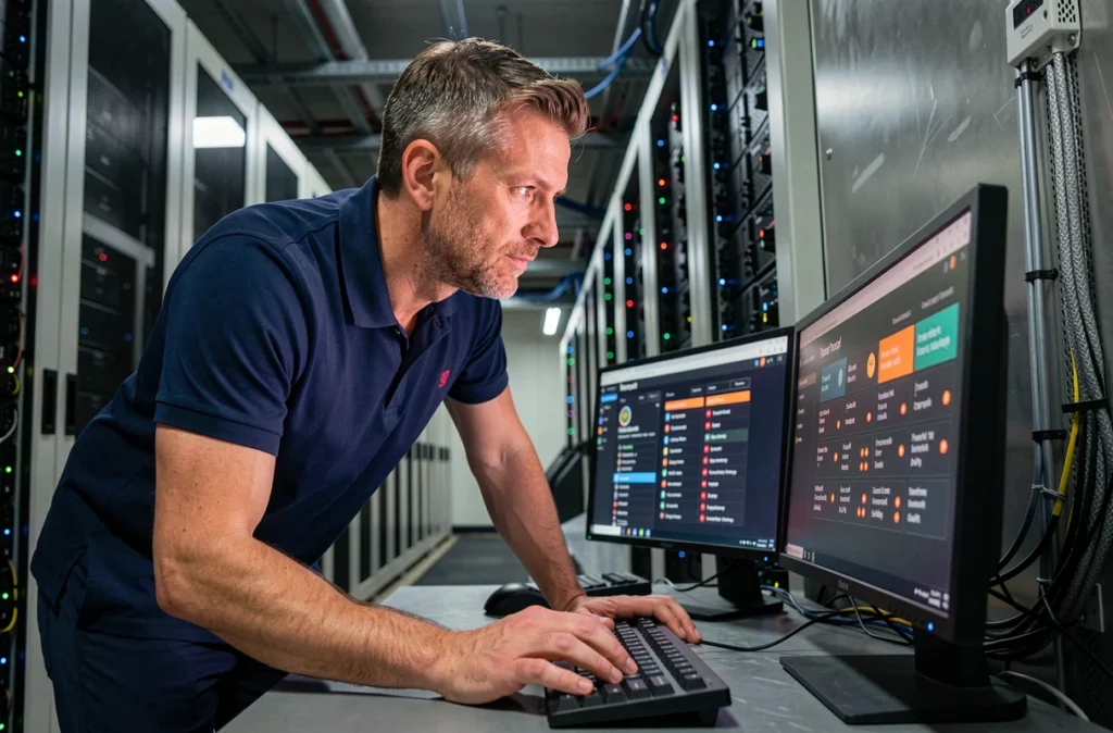 Technicien informatique masculin analysant un tableau de bord de menaces malware dans une salle de serveurs professionnelle