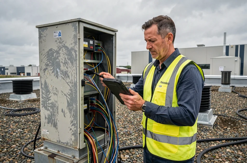 Technicien télécom de Tiscom sur un toit industriel de la Somme raccordant des câbles fibre optique à un coffret de relais antenne